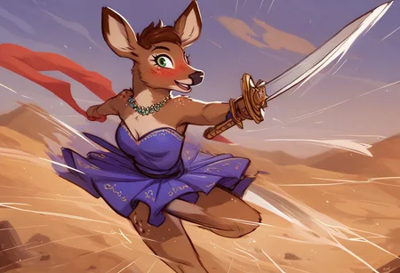 score_9, score_8_up, score_7_up, Penny Carson, 1girl, deer girl, solo, brown hair, brown fur, breasts, cute, green eyes, animal ears, furry female, smile, blush, jewelry, looking at viewer, prom dress, strapless dress, flat colors, big sword, holding sword, flying, jump, acrobatic, speed lines, open mouth, excited, martial arts, desert, epic