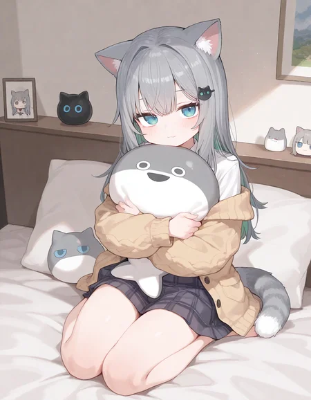 1girl, nachoneko, momoko \(momopoco\), sumiyao \(amam\), reel \(riru\), e-note, konnyaku \(kk-monmon\), ciloranko, ningen mame, wagashi \(dagashiya\), on bed, sacabambaspis pillow, hugging pillow,  detailed background, 
very awa, very aesthetic, masterpiece, best quality, amazing quality, absurdres <lora:dj_sloppa_ill_v2:0.1> <lora:nyaliaXLNBVP1lokrV6311P:0.1> <lora:n_XLNBVP1lokrV6311P:0.2> <lora:ricotte2:0.2>  <lora:748cmXLNBVP1lokrV6311PZ:0.2>
