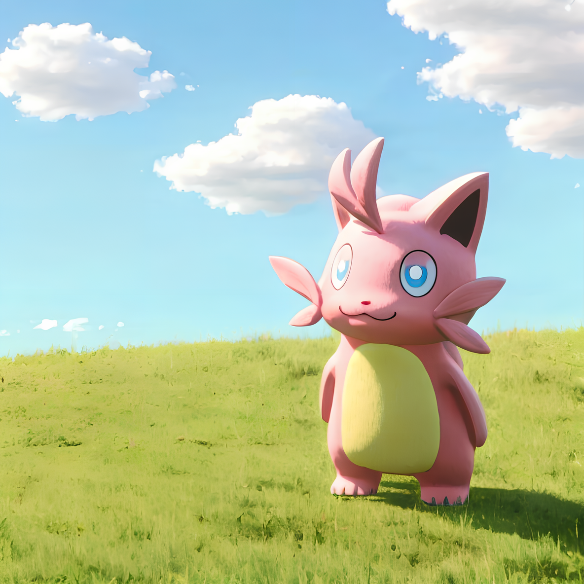 <lora:Cattiva_-_PalWorld:1> , pink cat, blue eyes, standing looking at the sky, grassy field, blue sky, cute, pink fur, happy, smiling,   <lora:Detailed_Places_R-128_v1:0.8>   <lora:add_detail:0.8>