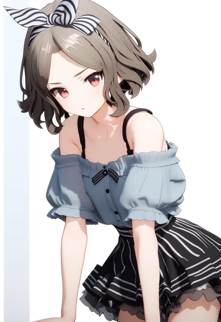 (score_9,score_8_up,score_7_up, ),
<lora:GBC_TOMO:1>,GBC_TOMO, 1girl, solo, red eyes, short hair, wavy hair, brown hair, blue off-the-shoulder shirt, black shoulder strap, puffy short sleeves, layered skirt, black skirt, off shoulder, bare shoulders, black and white striped bow headband, black and white striped bow,
simple_background,white_background,3d,