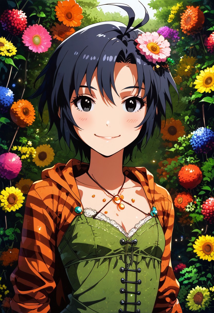 (zPDXL2), score_9, score_8_up, score_7_up, score_6_up, source_anime, <lora:Worldly_XL:1> volumetric lighting, warm colors, motion effects, best quality, wallpaper art, looking at viewer, woods, (bottles:1.2), berries, flowers, beetles, insects,
1girl, solo, 18 year old, Little Red Riding Hood on a path in the woods, holding bottles, delicate and smooth skin, cleavage, shy smile, eyes open, low cut, 
<lora:KikuchiMakoto_pony_v1:0.9> kkcmkt, short hair, black hair, antenna hair, hair between eyes, black eyes, flat chest,  small breasts, 
Expressiveh,  <lora:c0l0urc0r3XLP2:0.40> c0l0urc0r3, cute, bright colours, candy, <lora:RELSM_v1:0.90> <lora:[GP] somethingweirdv1 [Pony XL]:0.20>