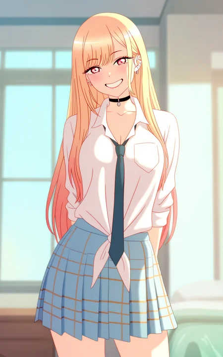 masterpiece, detailed, (wrongdataset:1.2), 1girl, solo, kitagawa marin, blonde hair, long hair, red eyes, school uniform, skirt, smile, standing, cowboy shot, indoors, home, looking at viewer, <lora:wrongdataset_IL:1>