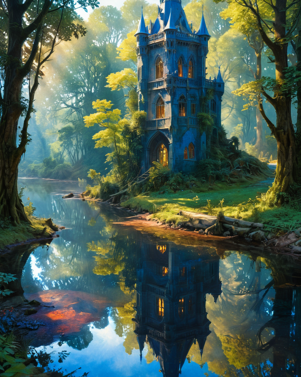 proud princess, forest, water, reflections, transparency, indigo, slimy, vivid color, The Tower of Shadows, Edgar Maxence,  neon, <lora:add-detail-xl:1>, <lora:xl_more_art-full_v1:0.8>