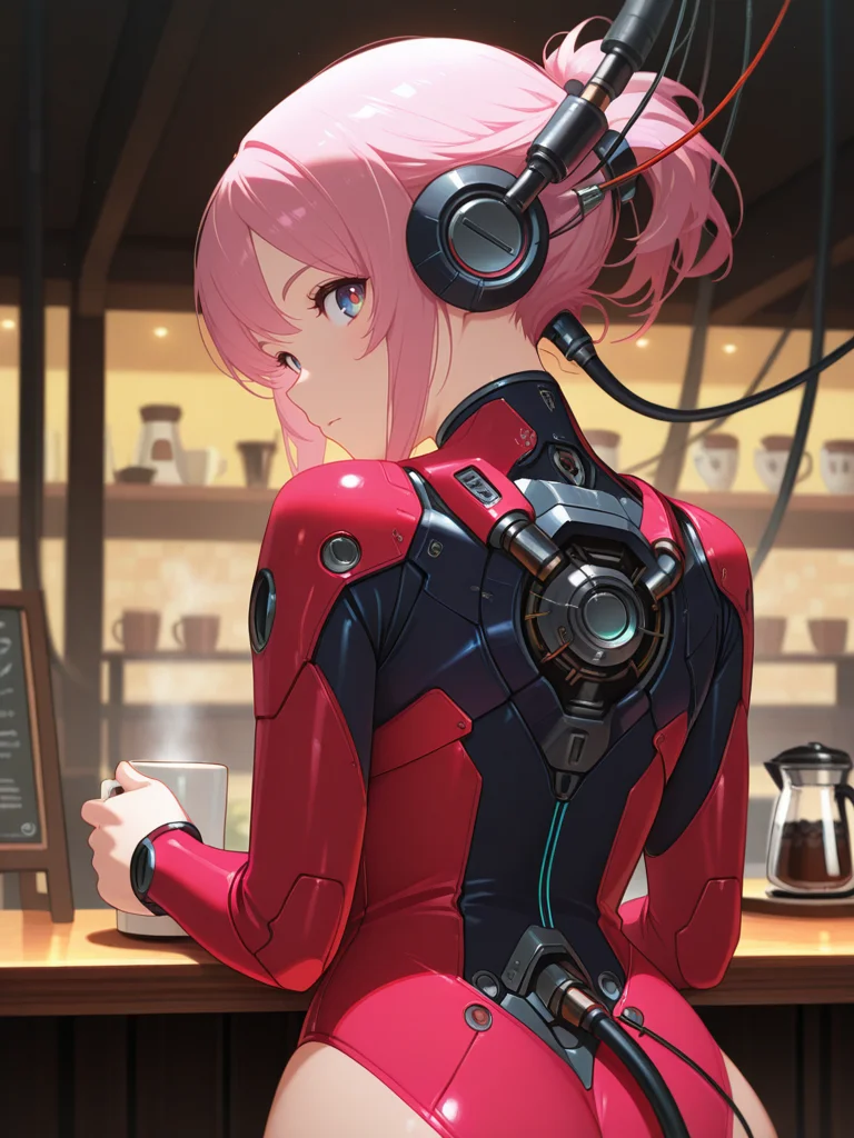 masterpiece,best quality,higres illustration,detailed face,1girl,<lora:cablenest_IL:1>,cable,upper body,from behind,looking back,pink hair,leotard,coffee,holding coffee mug,cafe,