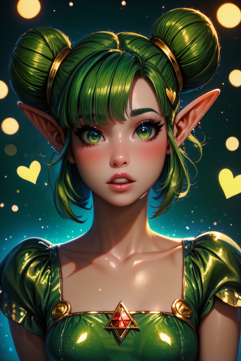 score_9, score_8_up, score_8, medium breasts, (curvy), cute, eyelashes,       BREAK, , zzFarore, green eyes, green hair, double bun, pointy ears,  bangs, green dress, collarbone, short sleeves  <lora:Farore_Zelda_PDXL:0.6>, , BREAK,  (ultra realistic,32k, masterpiece:1.2),(high detailed skin:1.1),( high quality:1.1), curvy, head tilt, hearts, blush, lips, curvy, head tilt, shiny clothes, (upper body), looking at viewer, bokeh, luminescent background,  embedding:zPDXL, Expressiveh,  <lora:RlAnmPDXL:1.0>,