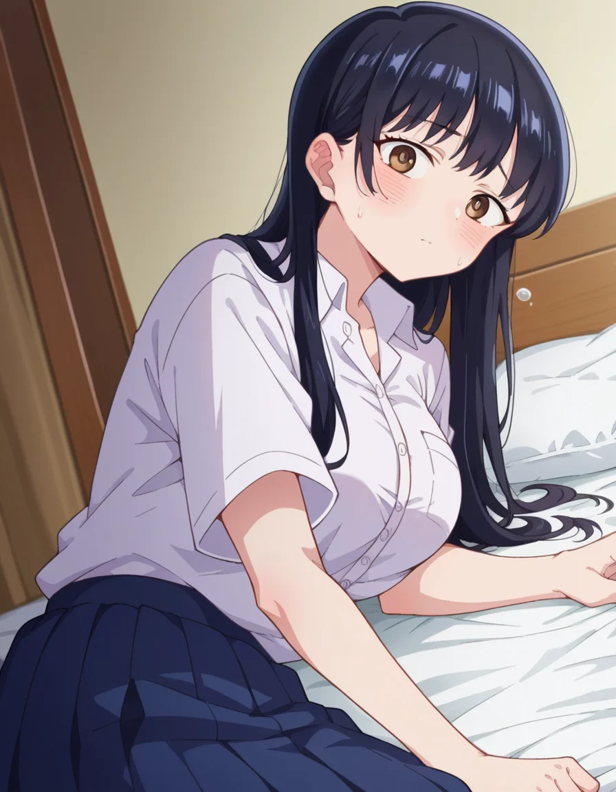 score_9, score_8_up, score_7_up, source_anime,
annayamada, <lora:anna-yamada-s2-ponyxl-lora-nochekaiser:1>,
anna yamada, long hair, bangs, black hair, brown eyes,
skirt, shirt, school uniform, white shirt, pleated skirt, collared shirt, sweatdrop, blue skirt, pocket, shirt tucked in,
indoors, bed, bed room, on side, blush, drunk,
looking at viewer, cowboy shot, dutch angle,