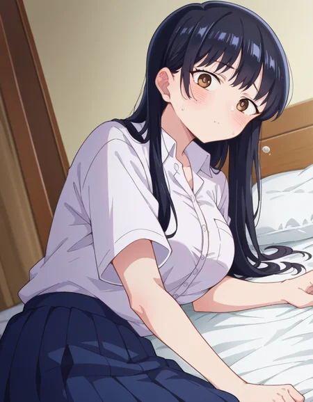 score_9, score_8_up, score_7_up, source_anime,
annayamada, <lora:anna-yamada-s2-ponyxl-lora-nochekaiser:1>,
anna yamada, long hair, bangs, black hair, brown eyes,
skirt, shirt, school uniform, white shirt, pleated skirt, collared shirt, sweatdrop, blue skirt, pocket, shirt tucked in,
indoors, bed, bed room, on side, blush, drunk,
looking at viewer, cowboy shot, dutch angle,