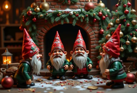 Gnomes trying to steal Christmas tree through the chimney, Christmas atmosphere, ultra realistic, high quality, masterpiece, extremely detailed, hd, high_detailed, captured in high detail, bo-christmas