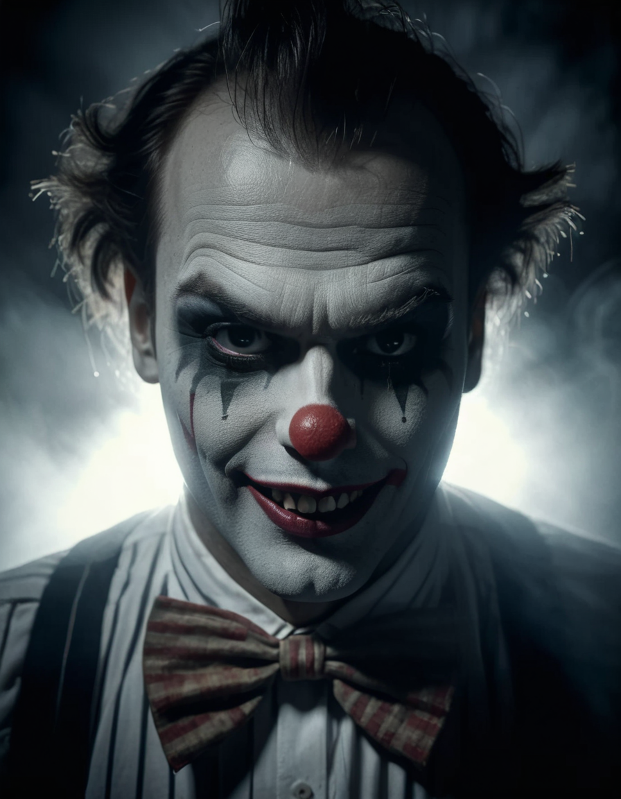 black and white image shot, a clown, closeup, evil grin face <lora:ral-ertmsphr:1> ral-ertmsphr