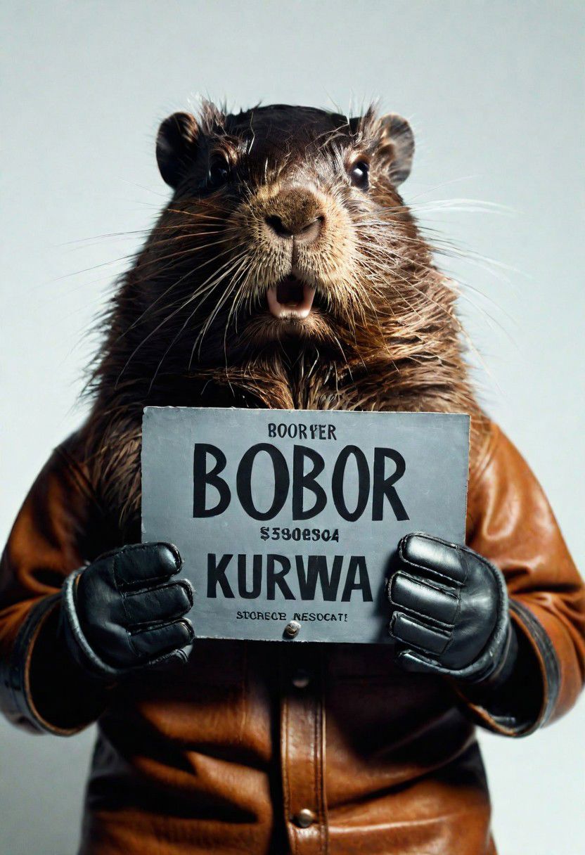 mugshot,close up, prisoner beaver holding mugshot sign with bold text "BOBR KURWA", leather gloves,cinematic light, perfect composition, reflections on surface, 4k leather texture, mugshot white background