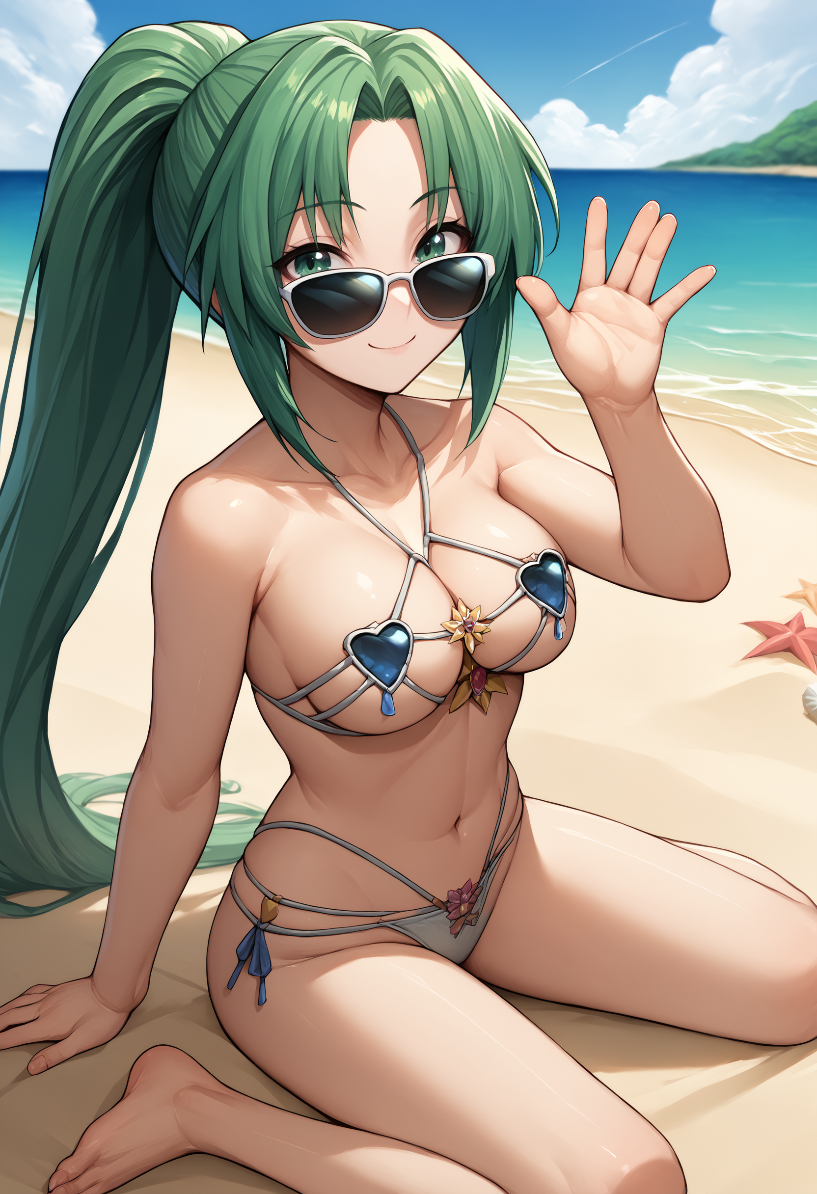 score_9, score_7_up,  1girl, solo, venus bikini <lora:Venus bikini-000008:1> <lora:MionCAME2:1> Mion Sonozaki, green eyes, ponytail, green hair,  beach, sunglasses,  looking at viewer,  waving,