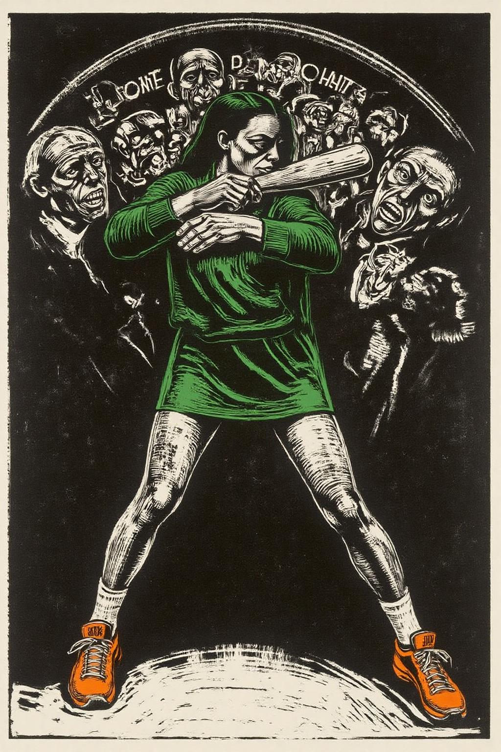 kako1 black and white woodcut print. liquid splash, cartoonish juicy fruits chaos, dynamic pose, dynamic camera, a fashion shoot, an illustration of a woman threateningly holding a baseball bat in her hands, full body tattoo, wearing green short sweater, miniskirt, knee socks, orange sneakers, aggressive facial expression, wall with graffiti in the background.  <lora:kako3_woodcut_cap_d6a3e11:1.0><lora:817686787607644295:0>