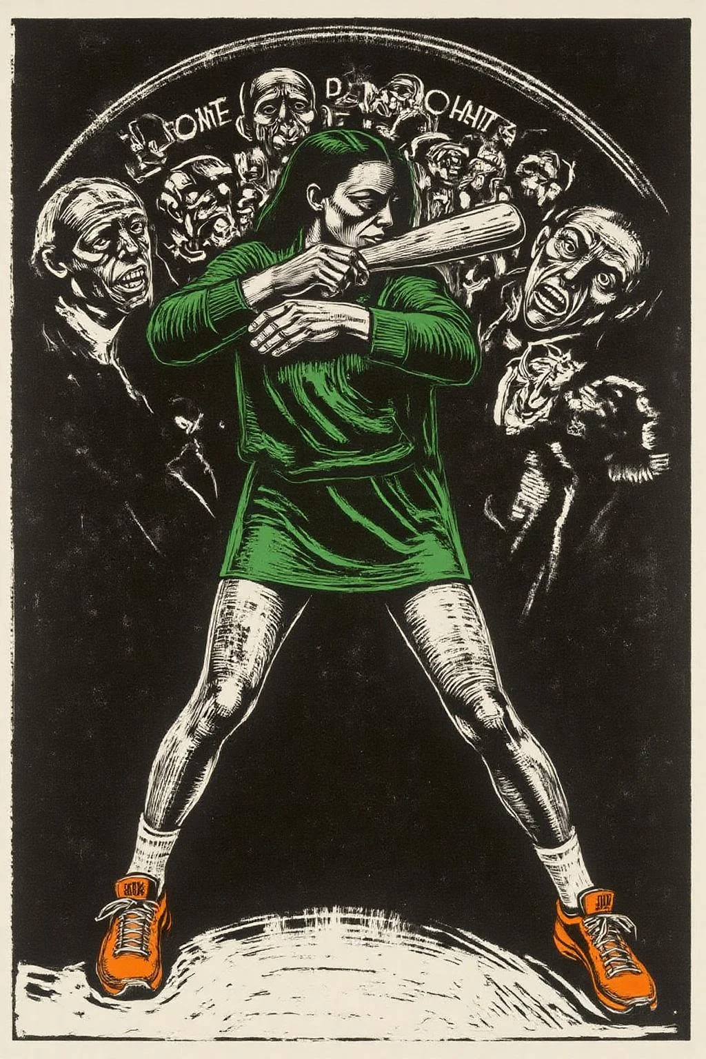 kako1 black and white woodcut print. liquid splash, cartoonish juicy fruits chaos, dynamic pose, dynamic camera, a fashion shoot, an illustration of a woman threateningly holding a baseball bat in her hands, full body tattoo, wearing green short sweater, miniskirt, knee socks, orange sneakers, aggressive facial expression, wall with graffiti in the background. <lora:kako3_woodcut_cap_d6a3e11:1.0><lora:817686787607644295:0>