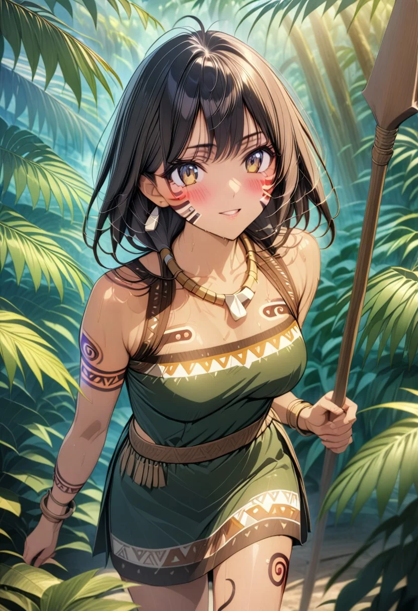 gorgeous lips, cinematic, (masterpiece), (best quality), (ultra-detailed), very aesthetic, illustration, perfect composition, intricate details, absurdres, detailed face, (anime, masterpiece, intricate:1.3), (best quality, hires textures, high detail:1.2), full body shot
1girl, brown skin, tan skin, very long black hair, (messy hair:1.1), perfecteyes, 8k, highest quality, ultra details,( tribal girl:1.2),( tribal paint on body, tribal face paint, tribal tattoos:1.7), beaded necklace, bone necklace, bone earrings, bone bracelets, bangles, medium breasts, toned body, jungle, muddy brown deerskin cropped top with fur trim,( brown fur loin cloth:1.3), barefoot.,
smile, concentrated,, blush, jungle setting, hair blowing in the wind, skirt blowing in the wind, (Throwing a wooden spear,:1.3)
BREAK, Tropical jungle, rainforest, filled with palm trees, ferns, tropical flowers, vines, coconuts, (hunting with a wooden spear,:1.5), evening time