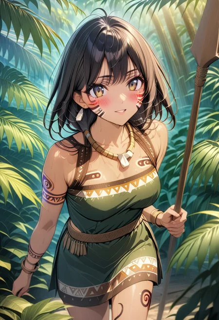 gorgeous lips, cinematic, (masterpiece), (best quality), (ultra-detailed), very aesthetic, illustration, perfect composition, intricate details, absurdres, detailed face, (anime, masterpiece, intricate:1.3), (best quality, hires textures, high detail:1.2), full body shot
1girl, brown skin, tan skin, very long black hair, (messy hair:1.1), perfecteyes, 8k, highest quality, ultra details,( tribal girl:1.2),( tribal paint on body, tribal face paint, tribal tattoos:1.7), beaded necklace, bone necklace, bone earrings, bone bracelets, bangles, medium breasts, toned body, jungle, muddy brown deerskin cropped top with fur trim,( brown fur loin cloth:1.3), barefoot.,
smile, concentrated,, blush, jungle setting, hair blowing in the wind, skirt blowing in the wind, (Throwing a wooden spear,:1.3)
BREAK, Tropical jungle, rainforest, filled with palm trees, ferns, tropical flowers, vines, coconuts, (hunting with a wooden spear,:1.5), evening time