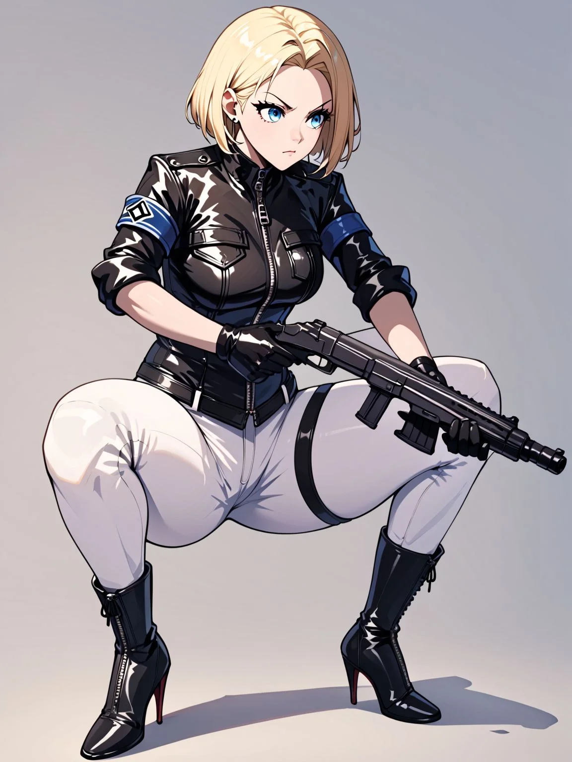 score_9,score_8_up,score_7_up,score_6_up,score_5_up,score_4_up,source_anime,<lora:PD_femaleguard:0.8>,femaleguarduniform,1girl,solo,breasts,medium breasts,curvy,sleeves rolled up,black jacket,leather,leather jacket,zipper,armband,gloves,black gloves,pants,white pants,pants tucked in,boots,knee boots,high heels,high heel boots,black footwear,blonde hair,medium hair,blue_eyes,<lora:nikke-style-poses-richy-v1_pdxl:0.9>,nikkecrouching,full body,squatting,holding_gun,holding weapon,assault rifle,