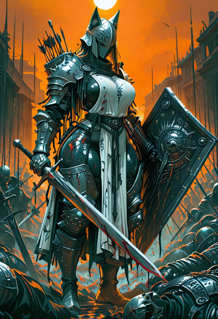 masterpiece, best quality, good quality, very awa, newest, highres, absurdres,  1girl, dress, large breasts, wide hips, thick thighs, holding, weapon, boots, multiple girls, sword, white dress, holding weapon, armor, blood, holding sword, wolf helmet, gauntlets, 6+boys, shield, injury, sun, arrow \(projectile\), fantasy, battle, knight, full armor, holding shield, death, orange sky, corpse, impaled, protecting, limited palette, h4ra_illu <lora:illustriousXL_stabilizer_v1.23:0.3> <lora:NOOB_vp1_detailer_by_volnovik_v1:0.3> <lora:ponyv6_noobE11_2_adamW-000017:0.3> <lora:114558v4df2fsdf5:0.6> <lora:XXX667:0.4> <lora:-_iLL_-_the_edgy_mech_V2.0-:0.8>