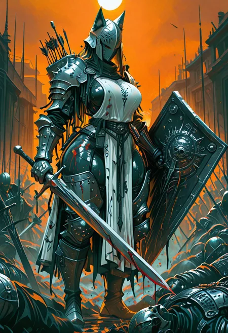masterpiece, best quality, good quality, very awa, newest, highres, absurdres,  1girl, dress, large breasts, wide hips, thick thighs, holding, weapon, boots, multiple girls, sword, white dress, holding weapon, armor, blood, holding sword, wolf helmet, gauntlets, 6+boys, shield, injury, sun, arrow \(projectile\), fantasy, battle, knight, full armor, holding shield, death, orange sky, corpse, impaled, protecting, limited palette, h4ra_illu <lora:illustriousXL_stabilizer_v1.23:0.3> <lora:NOOB_vp1_detailer_by_volnovik_v1:0.3> <lora:ponyv6_noobE11_2_adamW-000017:0.3> <lora:114558v4df2fsdf5:0.6> <lora:XXX667:0.4> <lora:-_iLL_-_the_edgy_mech_V2.0-:0.8>