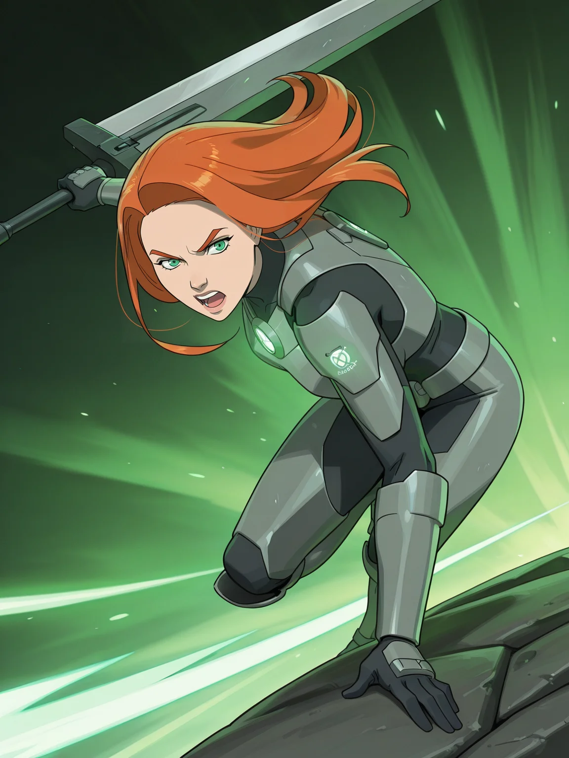 <lora:Atomic_EvaIL:1> a_e, 1girl, long hair, ginger hair, green eyes,
gigantic sword, steel armor,glowing liens, action, full body, glowing background