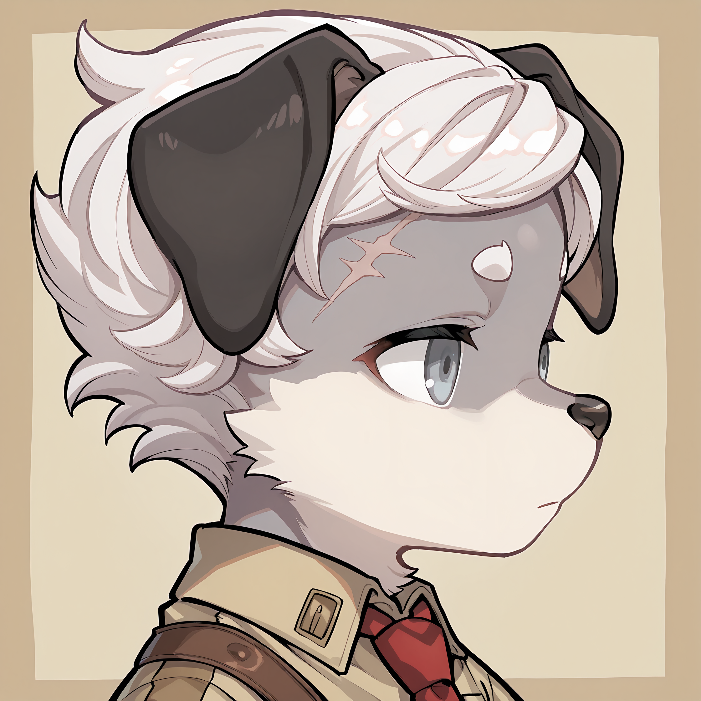 BREAK, <lora:Britz_Strudel:1>, britz strudel, fuga: melodies of steel, kemono, furry male, young male, 1boy, dog boy, grey fur, beige fur, multicolored fur, grey eyes, short hair, white hair, scar above right eye, animal ears, dog ears, floppy ears, dog tail, brown tail, Fuga 1 appearance, short hair, slick hair,
BREAK, Fuga 1 Outfit, Berman Uniform, beige button-up uniform shirt, red necktie,
BREAK, solo, face focus, close-up, looking away, side view