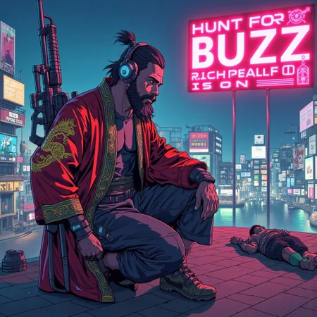 cyberpunk anime, stunning man with a salt and pepper beard wearing red and black sci-fi power kimono with golden dragon motives, kneeling near the border of a roof, watching the streets under him, headphones, dark eyeshadow, holding assault rifle on cyberpunk japanese town at night, fountain and artificial lake, a random man is lying on the ground with a hole in his shirt and eyes closed, neon signs and advertising in the distance, bokeh, side lighting, neon sign with English Text next to him: "HUNT FOR BUZZ RICH PEOPLE IS ON" as one enormous sign in all caps,