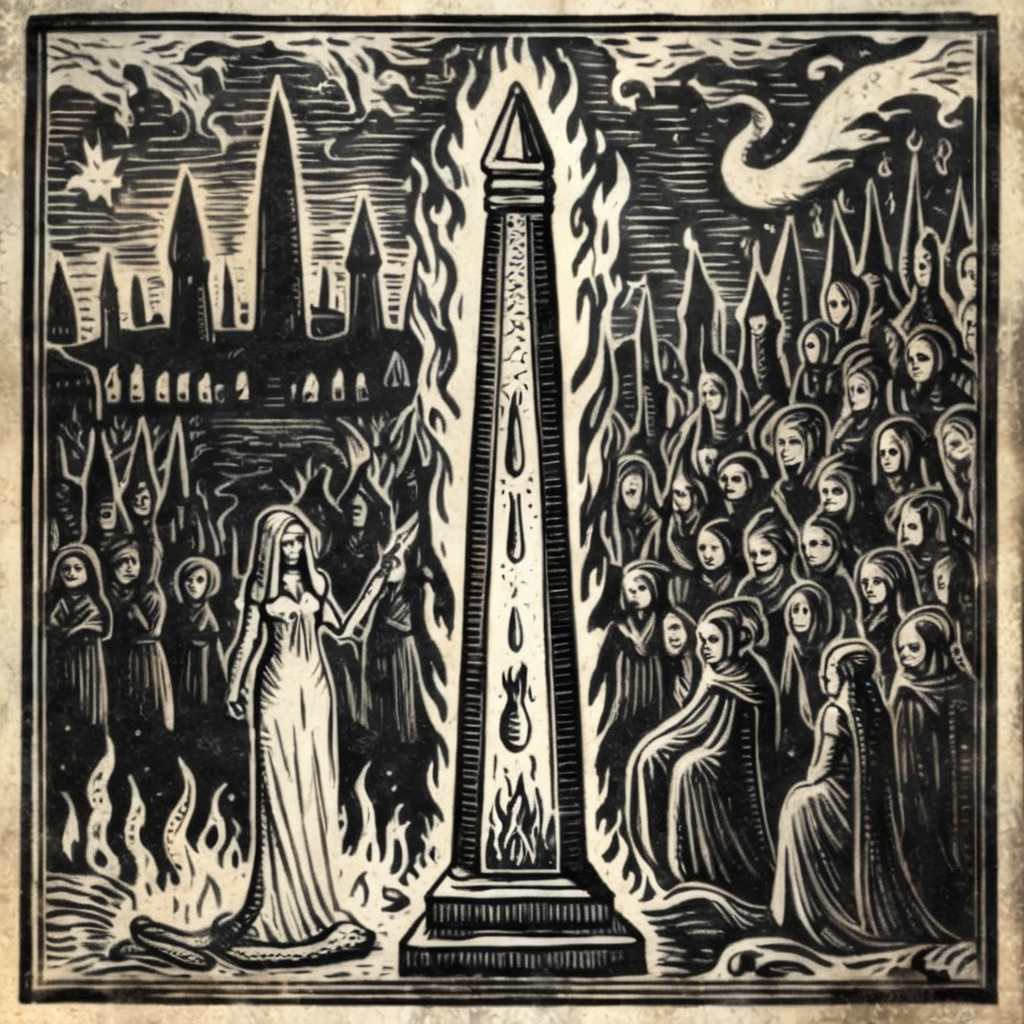 obscurae  mythical obelisk and priestess in the background of flames, very detailed <lora:obscurae:1>