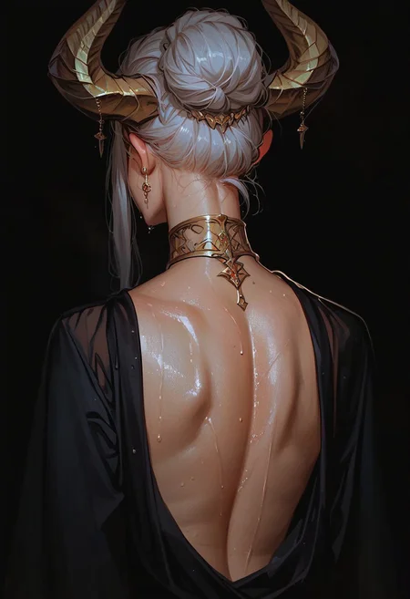 score_9_up, score_9, score_8_up, score_8, score_7_up, score_7, cinematic lighting, raw, high quality, 4k resolution, absurdres, masterpiece, dynamic lighting, high contrast, morimee_style, detailed face, 
1girl, solo, mature, (dragon horns), ((white hair)), ((long hairstyle)), ((((wet body)))), gold jewelry, choker, (exposed breasts), (black robe), exposed ass, (gold jewelry),
(((standing))), ((arched back)),
((focus in ass)), ((((((back to viewer)))))), (((((((((((close view))))))))))), close angle, back view, (black background)