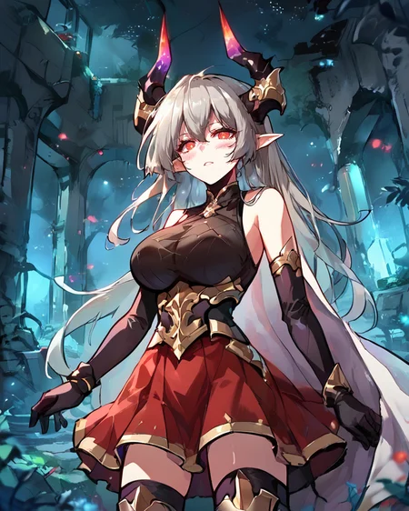(score_9, score_8_up, score_7_up), source anime, indoors, forest, night, ruins, (night), stars, cosmos, <lora:backgroundsetXL:0.2> , background, woman ruins standing, <lora:Expressive_H:0.8> , expressiveh, female focus, blush, looking at viewer, <lora:HandFixer_pdxl_Incrs_v1:0.45> , handfixer, depth of field, highly detailed,(cowboy shot), <lora:StS_detail_slider_v1PonyXL:2>, detailed, clutter, <lora:NLSTN:0.6> , NLSTN, dark, glowing, <lora:Manhwa-Artstyle__PonyXL__Shufflebox:0.65> , Manhwa-Artstyle, anime_source, <lora:gbf_threo_ponyXL:0.65> , threodef, long hair, grey hair, horns, pointy ears, red eyes, white cape, armor, sleeveless, black gloves, elbow gloves, red skirt, miniskirt, black thighhighs, armored boots, large breasts,