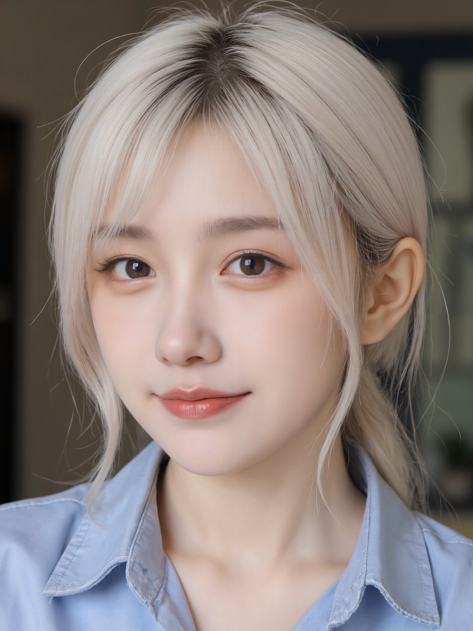 a woman, white hair, blue shirt, light smile, portrait, blurred background