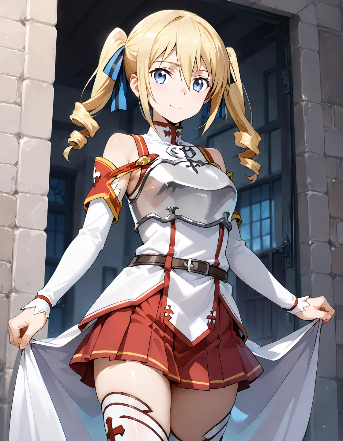 score_9, score_8_up, score_7_up, source_anime, <lora:add-detail-xl:1>, good anatomy, masterpiece, amazing quality, ultra detailed, good hand
BREAK 1girl, walking, in town, happy,
BREAK <lora:angelina-kudou-shields-s2-ponyxl-lora-nochekaiser:0.9> angelina kudou shields, blue eyes, blonde hair, ribbon, hair between eyes, twintails, hair ribbon, drill hair, blue ribbon, twin drills, medium breasts,
BREAK <lora:Knights-of-the-Blood-Oath-uniform:0.9> Knights-of-the-Blood-Oath-uniform, skirt, red skirt, pleated skirt, mini skirt, white dress, detached sleeves, white belt, waist cape, white waist cape, silver breastplate, white thighthighs,