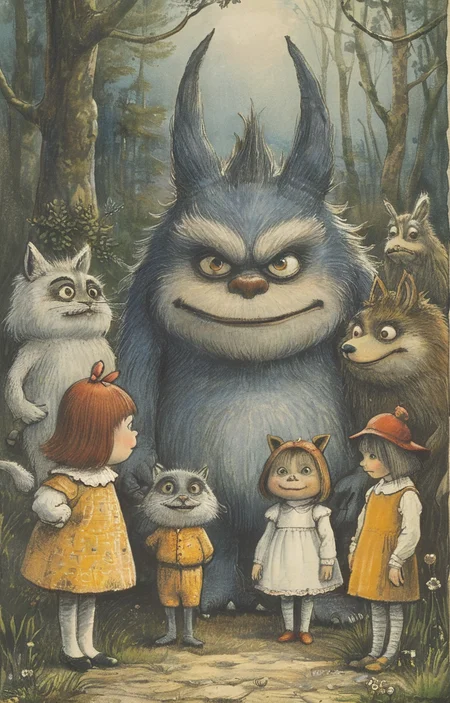 masterpiece,best quality,<lora:tbh377-sdxl:0.6>,illustration,style of Maurice Sendak
animals