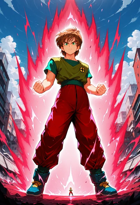 <lora:superSayianAura_NoobAIEps_Mlaofmd-10:1.0> masterpiece, best quality, high quality, [:realistic:0.3], detailed background, depth of field, ambient silhouette, backlighting, 1boy, shaggy rogers, brown hair, green shirt, red pants, blue shoes, solo, green eyes, clenched hands, supersaiyanaura, power, aura, sharp aura, kaioken, red aura, fight stance, floating, looking at viewer, serious face, mountains, day, full body, from below, side view