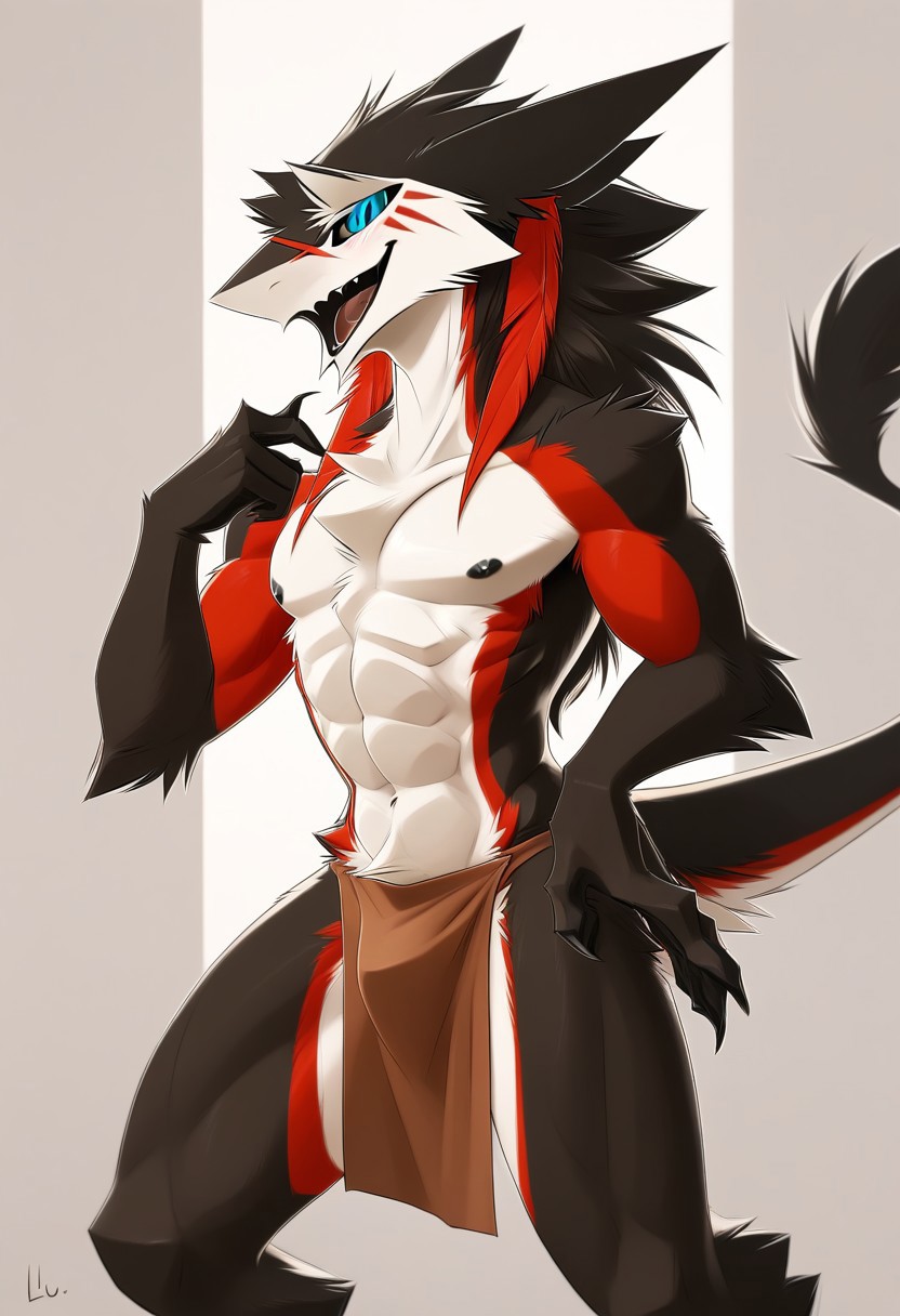 score_9, score_8_up, score_7_up, score_6_up, score_5_up, score_4_up, masterpiece, high quality,1boy, Kaku,Sergal.,black fur, blue eyes,two-tone fur, colored sclera,abs, tail,necklace, pectorals, muscular, nipples,multicolored hair,tail, muscular male, snout, thighs, black hair, facial mark, colored sclera, pectorals, muscular, nipples, multicolored hair,abs,feathers,standing, dynamic pose,action pose,random poses, view from side and below, SFW,loin cloth,picking up a object from floor,by kluclew