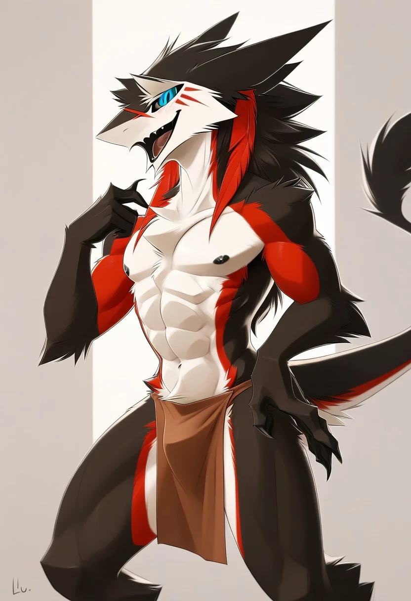 score_9, score_8_up, score_7_up, score_6_up, score_5_up, score_4_up, masterpiece, high quality,1boy, Kaku,Sergal.,black fur, blue eyes,two-tone fur, colored sclera,abs, tail,necklace, pectorals, muscular, nipples,multicolored hair,tail, muscular male, snout, thighs, black hair, facial mark, colored sclera, pectorals, muscular, nipples, multicolored hair,abs,feathers,standing, dynamic pose,action pose,random poses, view from side and below, SFW,loin cloth,picking up a object from floor,by kluclew