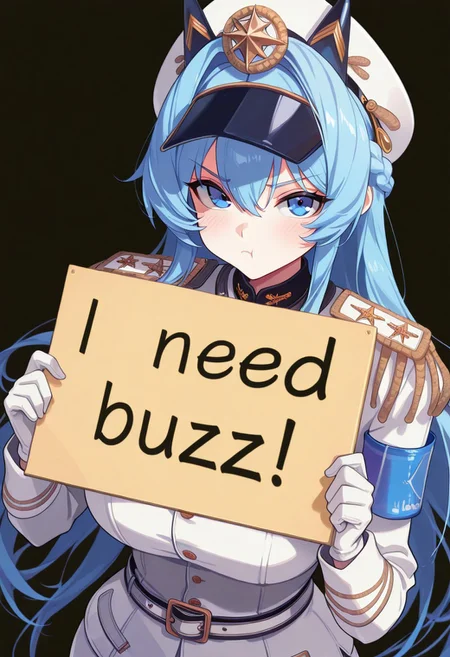 masterpiece, 1girl, looking at viewer, pout, need_buzz, holding sign, hlmdf, blue eyes, blue hair, very long hair, hair between eyes, braid, hair intakes, white headwear, peaked cap, blue armband, white jacket, epaulettes, naval uniform, white gloves, white belt, black background, simple background
