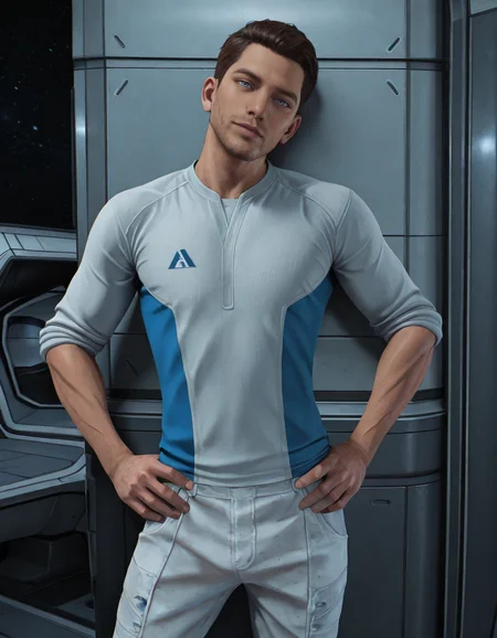 masterpiece, best quality, absurdres, newest, perfect quality, best quality, absolutely eye-catching, detailed background, intricate details, male focus, solo, realistic, <lora:Mass Effect Andromeda - Scott Ryder - Illustrious-000010:0.6>, s_ryder, 1boy, brown hair, light blue eyes, stubble, white two-tone shirt, sleeves rolled up, white pants, spacecraft interior, space, contrapposto, looking at viewer, upper body, against wall,  hands on hips, head tilt