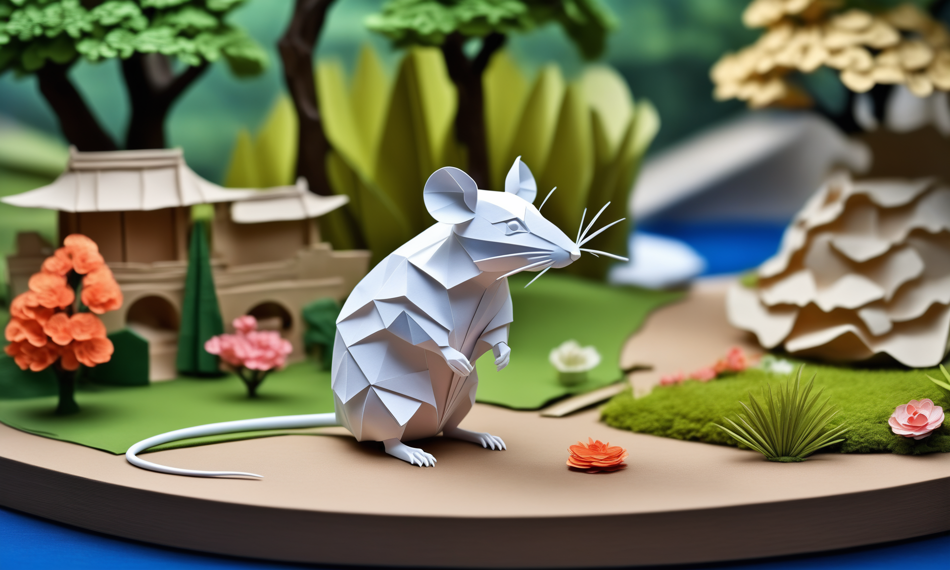 origami style <lora:papercarvingcd_xl-000005:0.6>,a handmade sculpture of a rat made of papercarvingcd_xl in office scene,full body,scenery,tree,river,stone,lawn,miniature,tilt-shift,indoors,chinese zodiac,wooden table,cutie,cute,still life,animal statue,front view,facing viewer,looking at viewer,8K,HDR,UHD,masterpiece,best quality,highly detailed,high resolution,finely detail,extremely detailed,ultra detailed,wallpaper . paper art, pleated paper, folded, origami art, pleats, cut and fold, centered composition