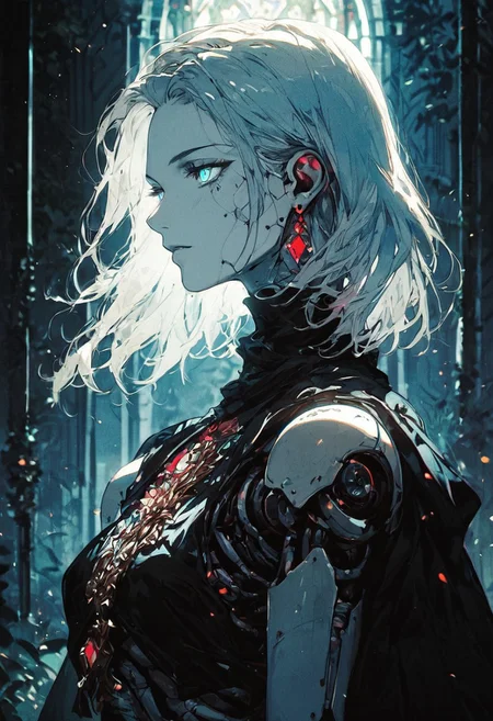 score_9, score_8_up, score_7_up, (unreal engine 5, unreal engine 3d scene), HD, details, high quality, rendered face, source_anime, good_hands. hourglass figure, perfect body,
score_9_up, score_8_up, score_7_up,source_anime, highly detailed, sharp, masterpiece, intricate details, a sexy robot girl, flirtatious expression,
BREAK
medium hair, earrings, cloak ,cape, jewelry, blue shorts, boots,
BREAK
soft skin, soft skin, shining glossy skin, soft abs, slim waist, (slender body),
Expressiveh, (volumetric lighting:1.2), cinematic, cinematic lighting, reflections, ultra hd, visual effects, graphic effects,
ambient occlusion, raytracing, soft lighting, realistic, blum effect, masterpiece, absolutely eye-catching, particles, glow, shining, intricate cinematic background, (beautiful face),
BREAK
(score_9, score_8_up, score_7_up), (Masterpiece), (expressive eyes), 1girl, Automaton, colored skin, (white_skin:2.0), (joints:2.0), white hair, blue eyes, glowing blue eyes, <lora:MGE_V5.1:0.5>
BREAK
score_9, score_8_up, score_7_up, score_6_up, score_5_up,
<lora:mitraXLP:1> mitra,
<lora:Kenva:1.0> knva, halftone effect,