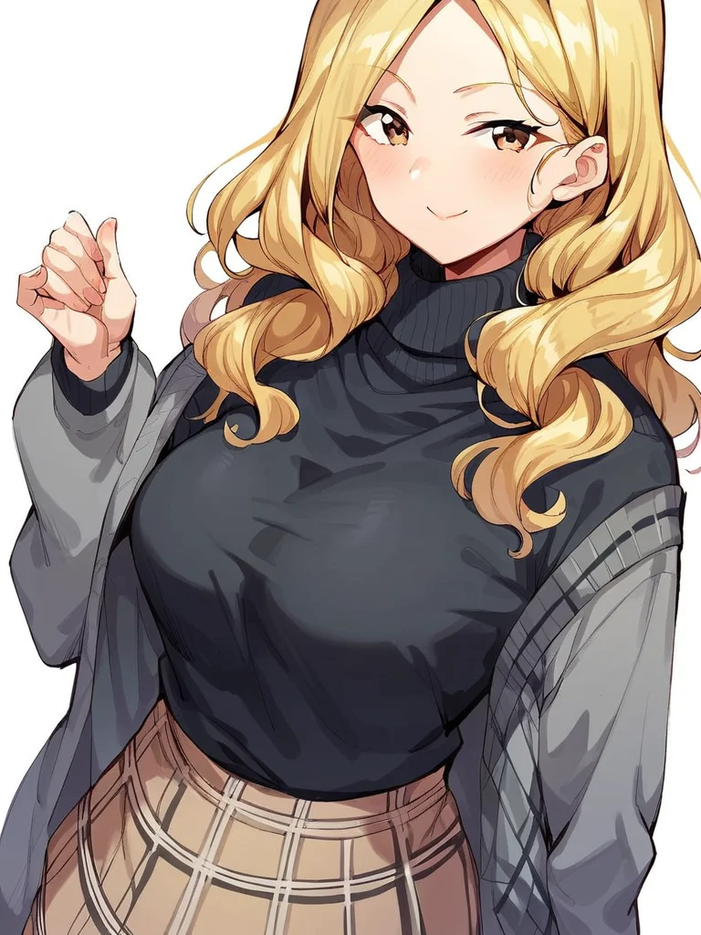 score_9, score_8_up, score_7_up,
1girl, clerk dt, long hair, wavy hair, parted bangs, large breasts, blonde hair, brown eyes,
standing, white background, beige skirt, plaid skirt, black sweater, turtleneck, grey cardigan, smile, closed mouth, looking at viewer,