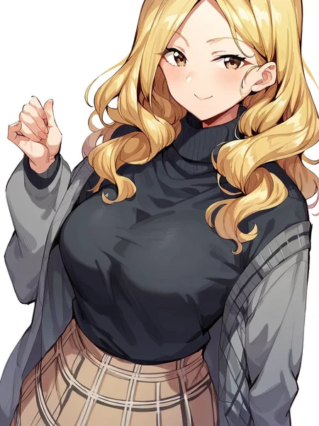 score_9, score_8_up, score_7_up,  
1girl, clerk dt, long hair, wavy hair, parted bangs, large breasts, blonde hair, brown eyes,

standing, white background, beige skirt, plaid skirt, black sweater, turtleneck, grey cardigan, smile, closed mouth, looking at viewer,


