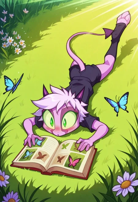 Dreamkeepers,1girl,Prelude_Namah,solo,demon tail, green eyes, horns,
child, kid,
lying sprawled on a grassy hill, a picture book propped open on her stomach. Her legs kick absently in the air, socks mismatched and shoes discarded nearby. Butterflies land on the pages as she gasps dramatically at a fairy-tale illustration, her hair strewn with daisies from a nearby field, reading, picture_book, grassy_field, mismatched_socks, barefoot, butterflies, daisies, wind_blown_hair, surprised_expression, blush, dynamic_pose, nature, sunlight, innocent_face, discarded_shoes