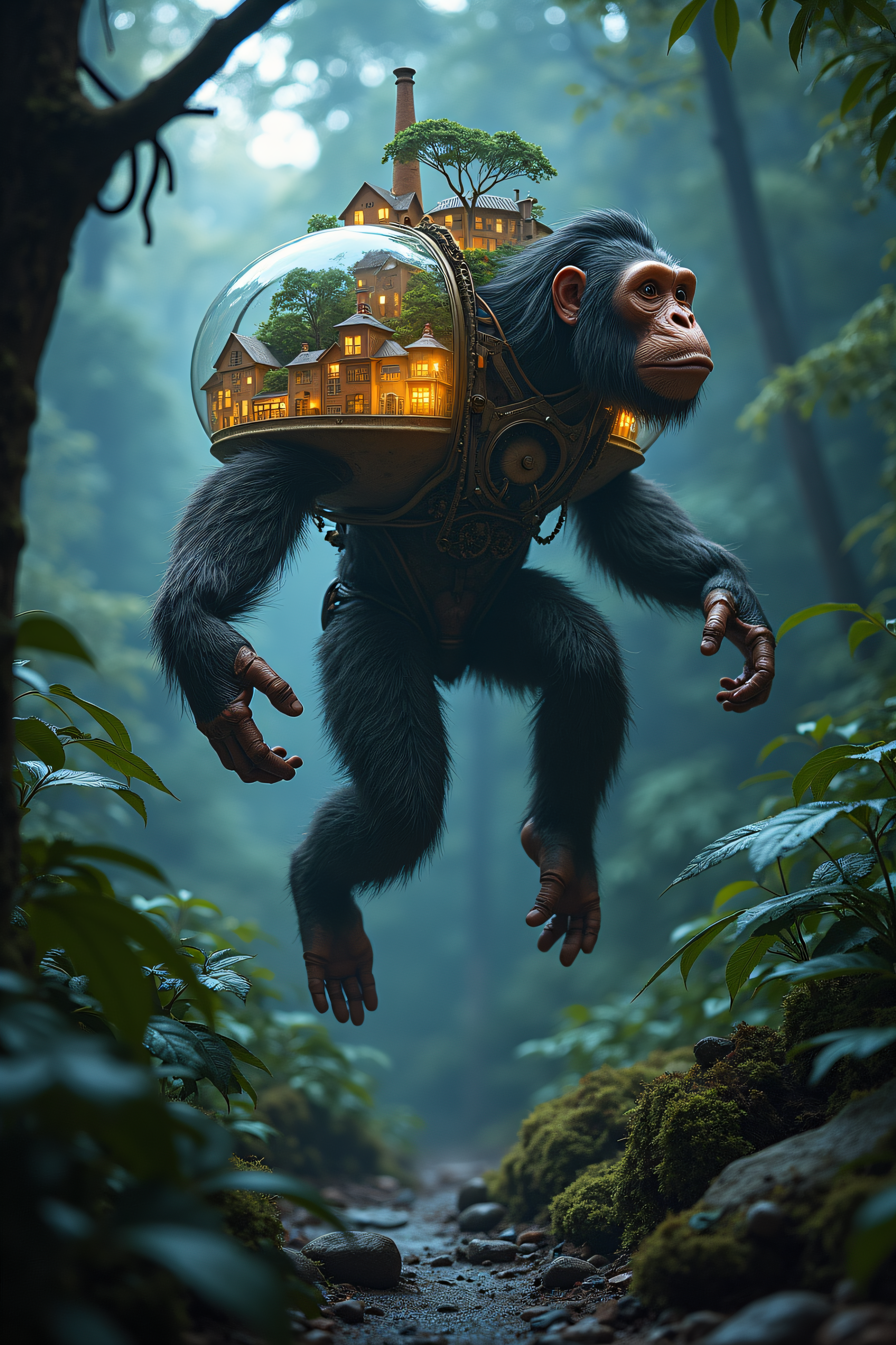 national geographic photography of an ape that is jumping in the night sky in the jungle, he transport a terrarium with a miniture city on his back, realistic, mechanical vegetal cyborg, futuristic robot organisms, steampunk robot ape, steampunk animal
