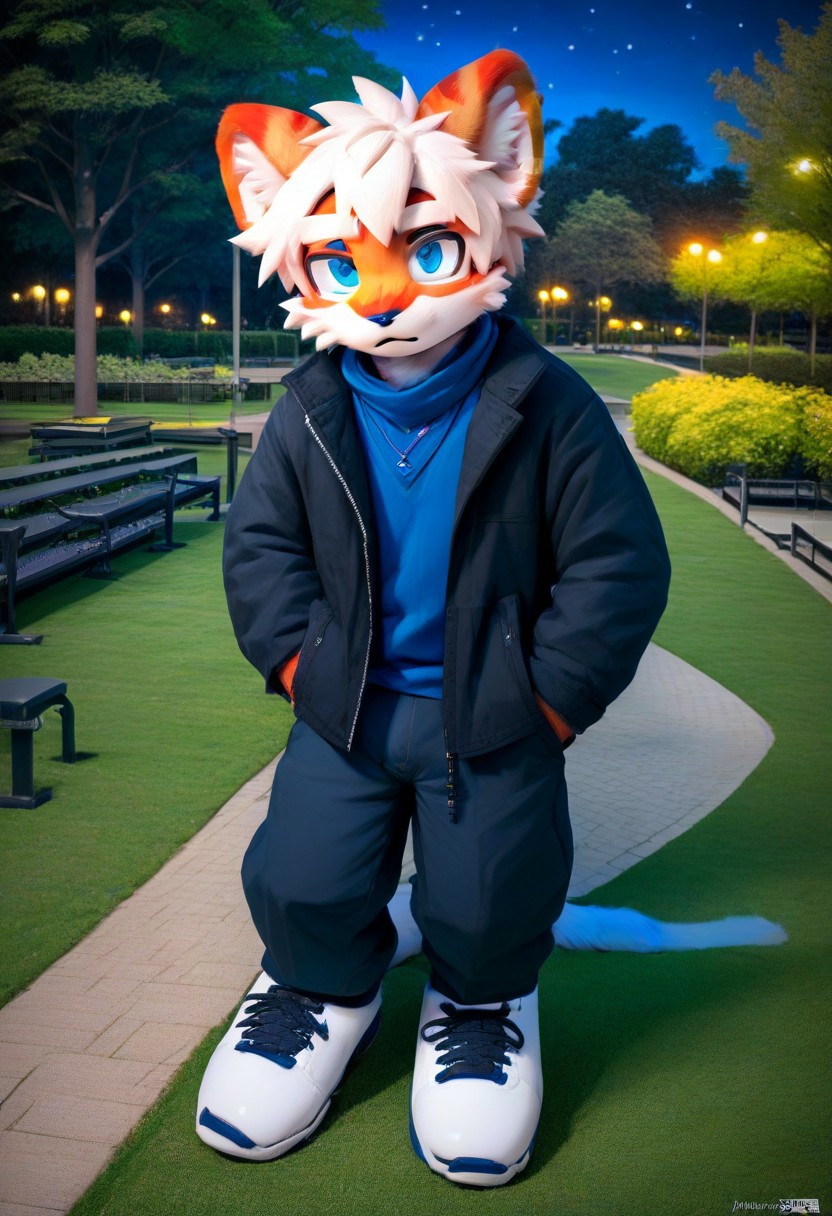 score_9_up, score_8_up, score_7_up, source_furry, mikus-sona, fursuit, furry focus, furry style, furry costume, anthropomorphic, anthro, milkytiger, tiger ears, tiger boy, white eyebrows, blue eyes, 1boy, solo, ((park, night))