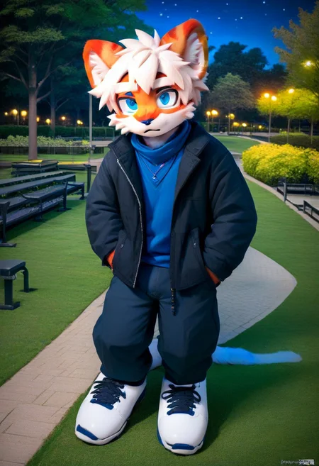 score_9_up, score_8_up, score_7_up, source_furry, mikus-sona, fursuit, furry focus, furry style, furry costume, anthropomorphic, anthro, milkytiger, tiger ears, tiger boy, white eyebrows, blue eyes, 1boy, solo, ((park, night))