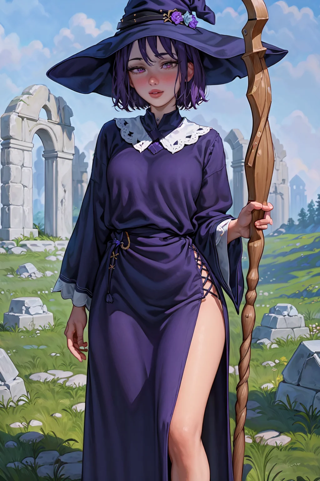 (aromasensei:1.3), best quality, masterpiece, detailed background, highly detailed, intricate, detailed face, long eyelashes, detailed eyes, (standing:1.1), (small breasts:1.0), (grassy field, stone towers, stone pillars, ancient structures, ruins:1.3),

(one girl:1.2), (1girl:1.1), (solo:1.4), (purple eyes:1.2), (purple hair:1.3), (bob cut, medium hair:1.2), (thick lips:1.3), (black choker:1.2), (pale skin:1.0),

(mage robes, witch hat, mage:1.1), (holding staff:1.2),

(shy, blush, nose blush:1.1), <lora:AromaStyle-V7:1>