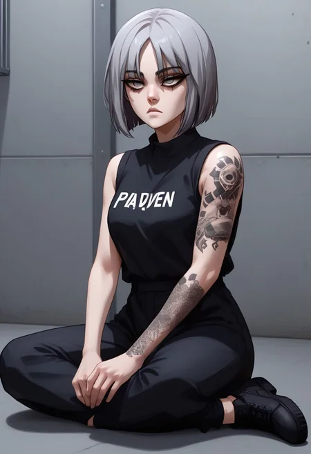 score_9, score_8_up, score_7_up, score_6_up, 1 girl, very light blue hair, almost gray hair, gray eyes, short hair, full body tattoos, t4ts, tattoos, tattoo, gangster tattoos, fit body, slim, medium breasts, sleeveless flannel, white flannel, black sports pants, on the jail, in a prison, sitting, rude face, rude, sitting thoughtful, goth girl, raven from dc, half closed eyes, black bags under her eyes,