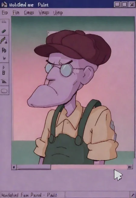masterpiece, best quality, windows_98, microsoft_windows, microsoft_paint_(software), windows_95, windows_classic, window_(computing), desktop_(computing), cursor, taskbar, error_message, vaporwave, 1boy, solo, Eustace, Bagge, hat, glasses, grumpy expression, green overalls, yellow shirt
