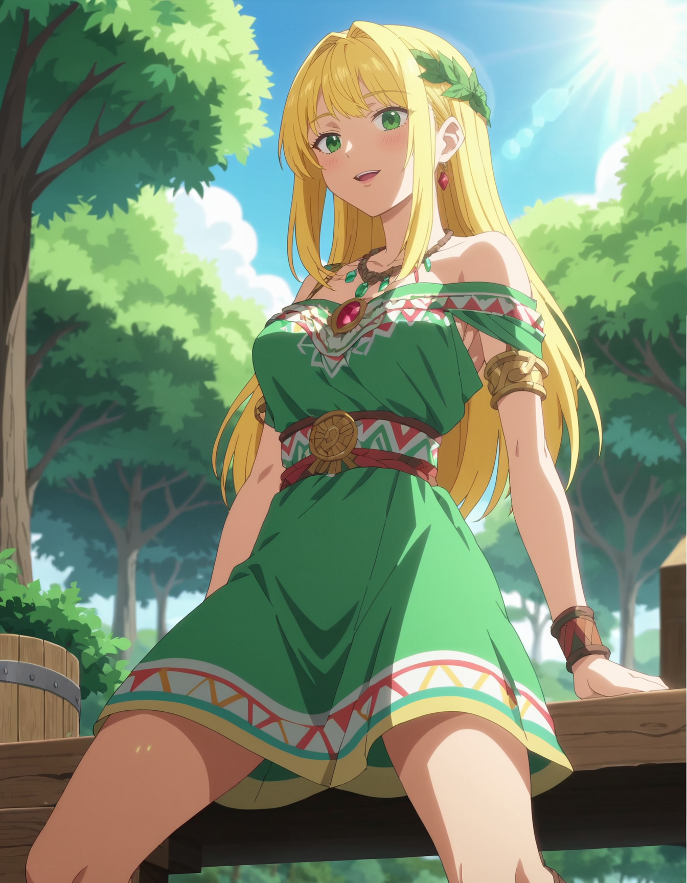 score_9, score_8_up, score_7_up, BREAK
(anime screencap:1.5), 1girl, long blonde hair, sitting on a wooden platform, wearing a green dress with intricate patterns, adorned with tribal jewelry, emerald green eyes, serene and gentle expression, detailed background with lush greenery and blue sky, large eagle perched beside her, sunlight filtering through the leaves, soft shadows, depth of field, volumetric lighting, high dynamic range, intricate details in the dress and jewelry, realistic feathers on the eagle, peaceful and tranquil atmosphere, 2d anime style, light breeze causing movement in hair and clothes, reflections in the water below, scenic mountains in the distance, summer day, vibrant and colorful environment