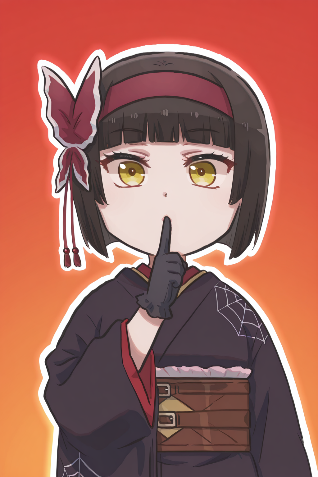 looking at viewer,facing viewer, <lora:shiXinzoroV1ill:1> shixinzoruo,chibi,shushing, <lora:MioCnn:1> Mio/Cnn, 1girl, short hair, bangs, blunt bangs, black hair, yellow eyes ,hairband, butterfly hair ornament, japanese clothes, kimono, black gloves ,spider web print, breasts,digital illustration,1girl, masterpiece, best quality,highres,