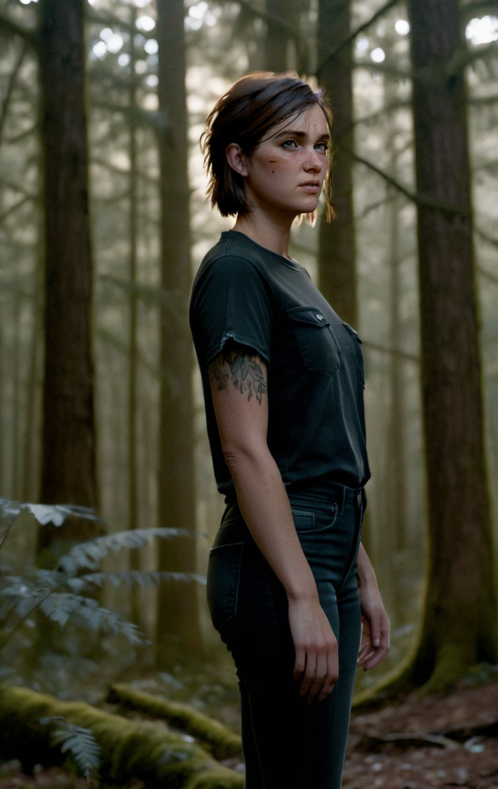 photo of ohxw, ellie, tattoo on left arm, woman, black jeans, full body, skinny, short hair, face details, forest, low key lighting, <lora:2ellie-000003:1>